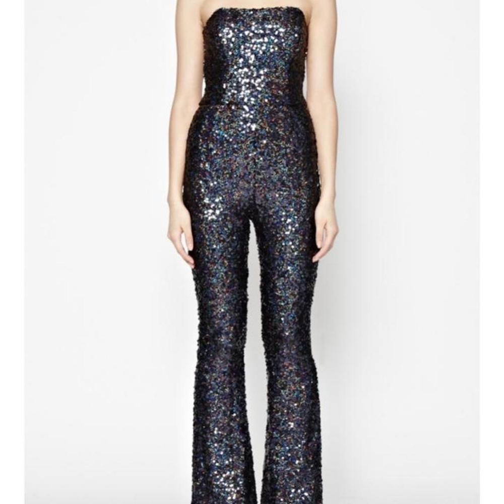 French Connection Strapless Sequin Jumpsuit in Black Multi